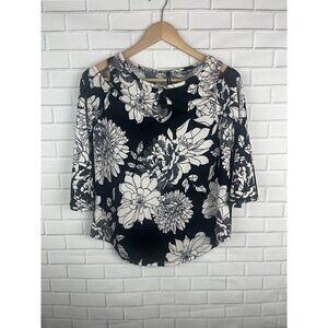 Forever Jade Cold Shoulder White Black Floral 3/4 Shirt Blouse Womens Small
